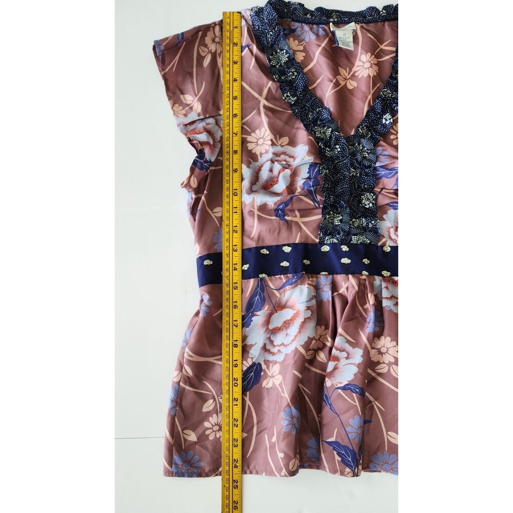 Anthropologie Odille Silk Floral Blouse Ruffle Trim Empire Waist Babydoll - 12 - Picture 7 of 10
